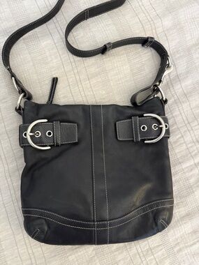 Coach Black Leather Crossbody with Silver Buckle Accents
